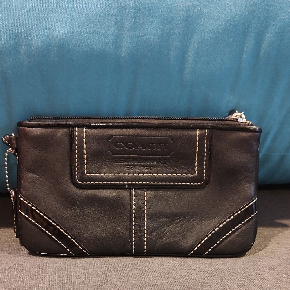 Coach Black Leather Wristlet with Contrast Stitching